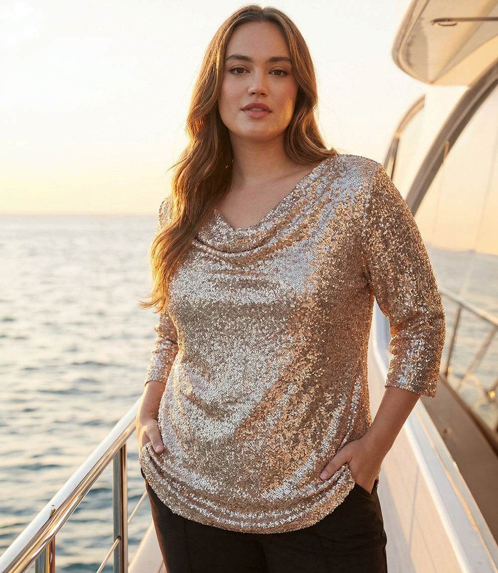 Plus size 3/4 sleeve drape front sequin top with sheer mesh and relaxed fit