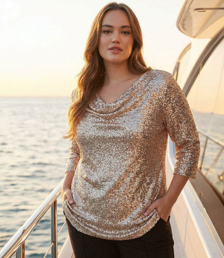 Plus size 3/4 sleeve drape front sequin top with sheer mesh and relaxed fit