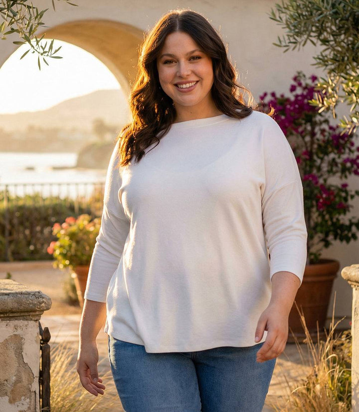 Plus size boatneck top with 3/4 sleeves made from organic hemp cotton blend