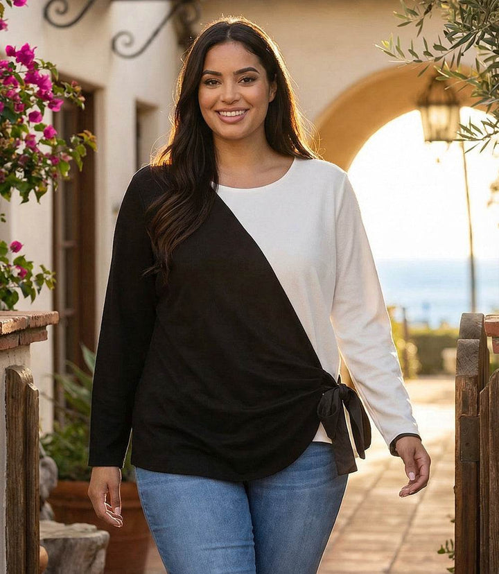 Plus Size Long Sleeve Colorblock Satin Bow Top