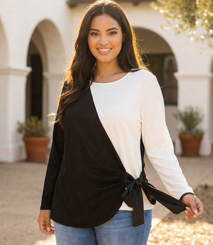Plus size long sleeve colorblock top with satin bow detail and crew neck