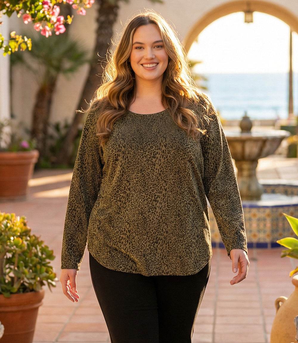 Plus Size Long Sleeve Metallic Knit Shirttail Top