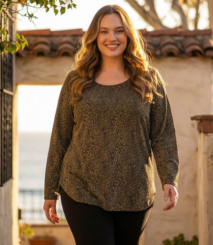 Plus size long sleeve metallic knit top with leopard print and scoop neck