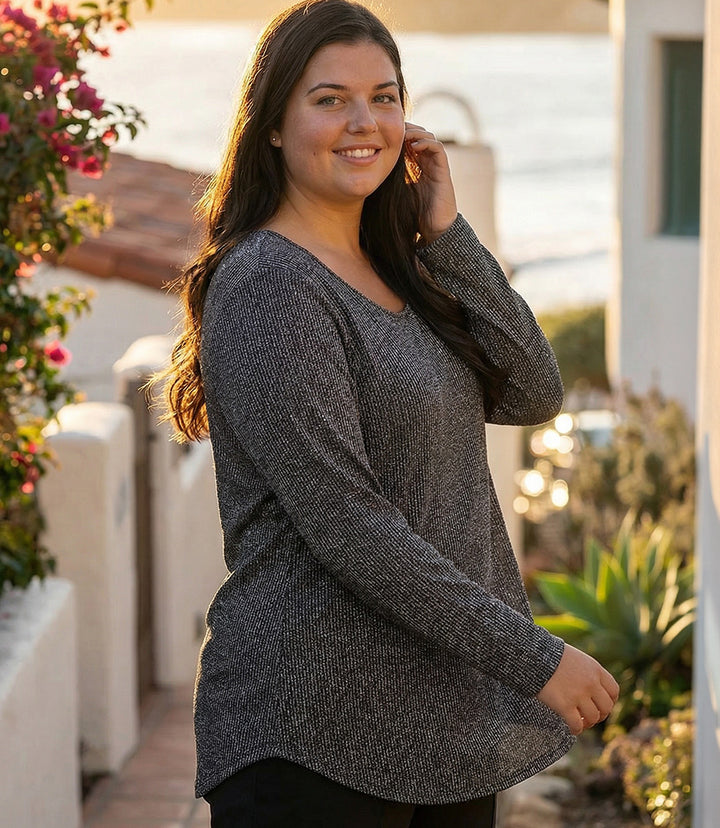 Plus Size Long Sleeve Metallic Stripe Knit Shirttail Top