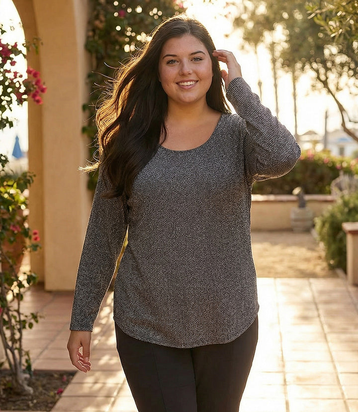 Plus Size Long Sleeve Metallic Stripe Knit Shirttail Top