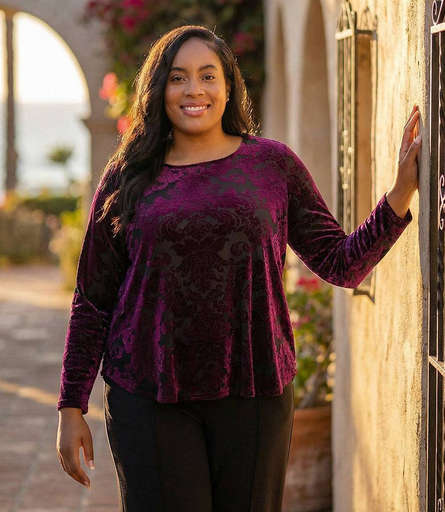 Plus Size Long Sleeve Velvet Burnout Shirttail Top - Chic