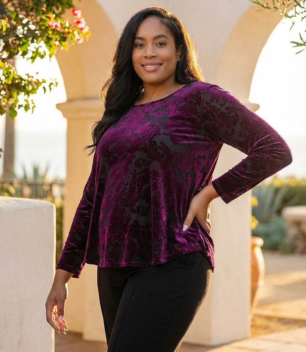 Plus Size Long Sleeve Velvet Burnout Shirttail Top