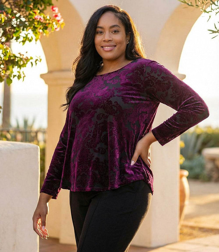 Plus Size Long Sleeve Velvet Burnout Shirttail Top