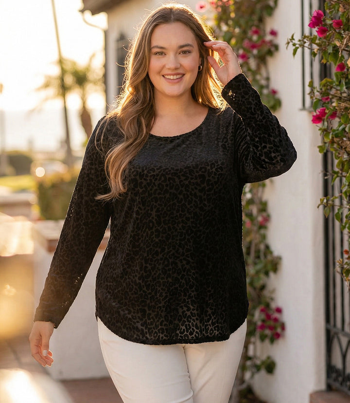 Plus Size Long Sleeve Velvet Burnout Shirttail Top