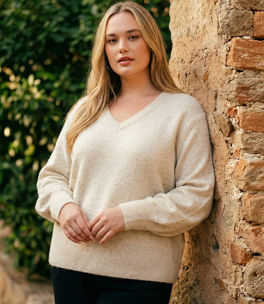 Plus size sequin V-neck sweater with long sleeves and ribbed cuffs
