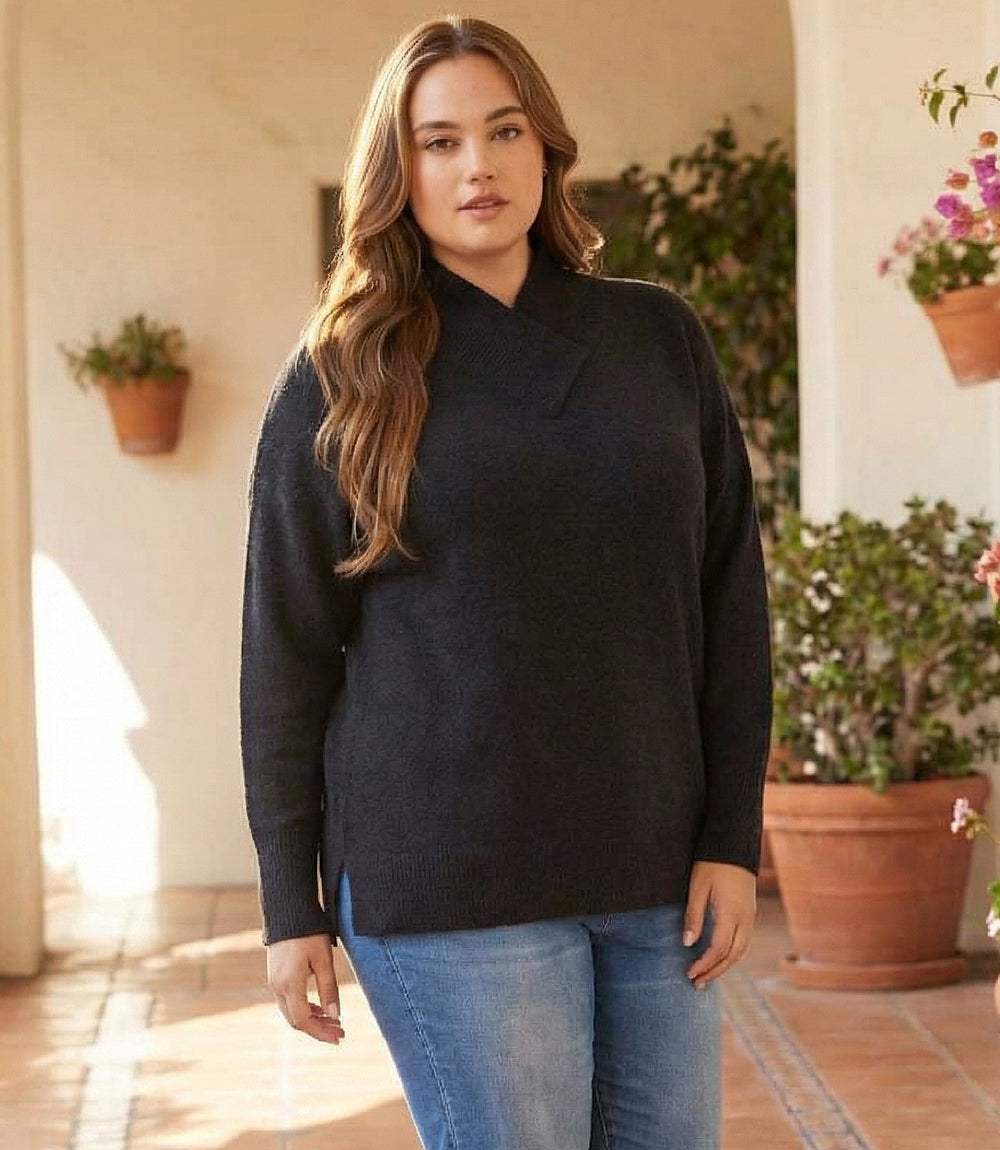 Plus size shawl collar sweater with crossover V-neck and drop shoulder sleeves in soft knit blend