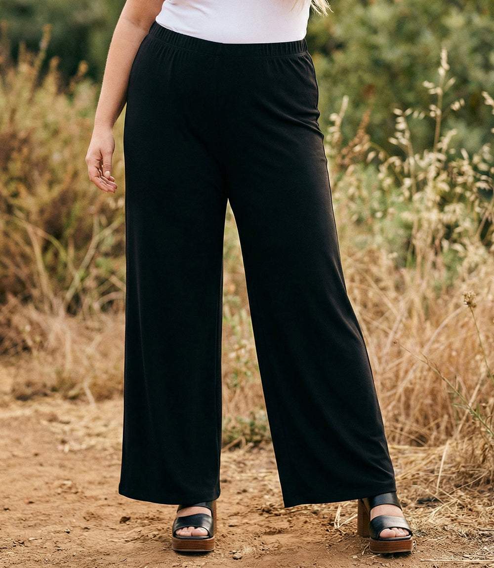 Plus size travel jersey wide-leg pants with elastic waistband and pull-on style for comfort and style