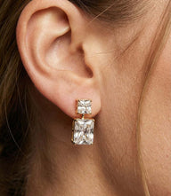 Princess Cut Drop Earrings with clear princess-cut stones in gold-tone finish, secure back closure, elegant sparkle for everyday and evening wear