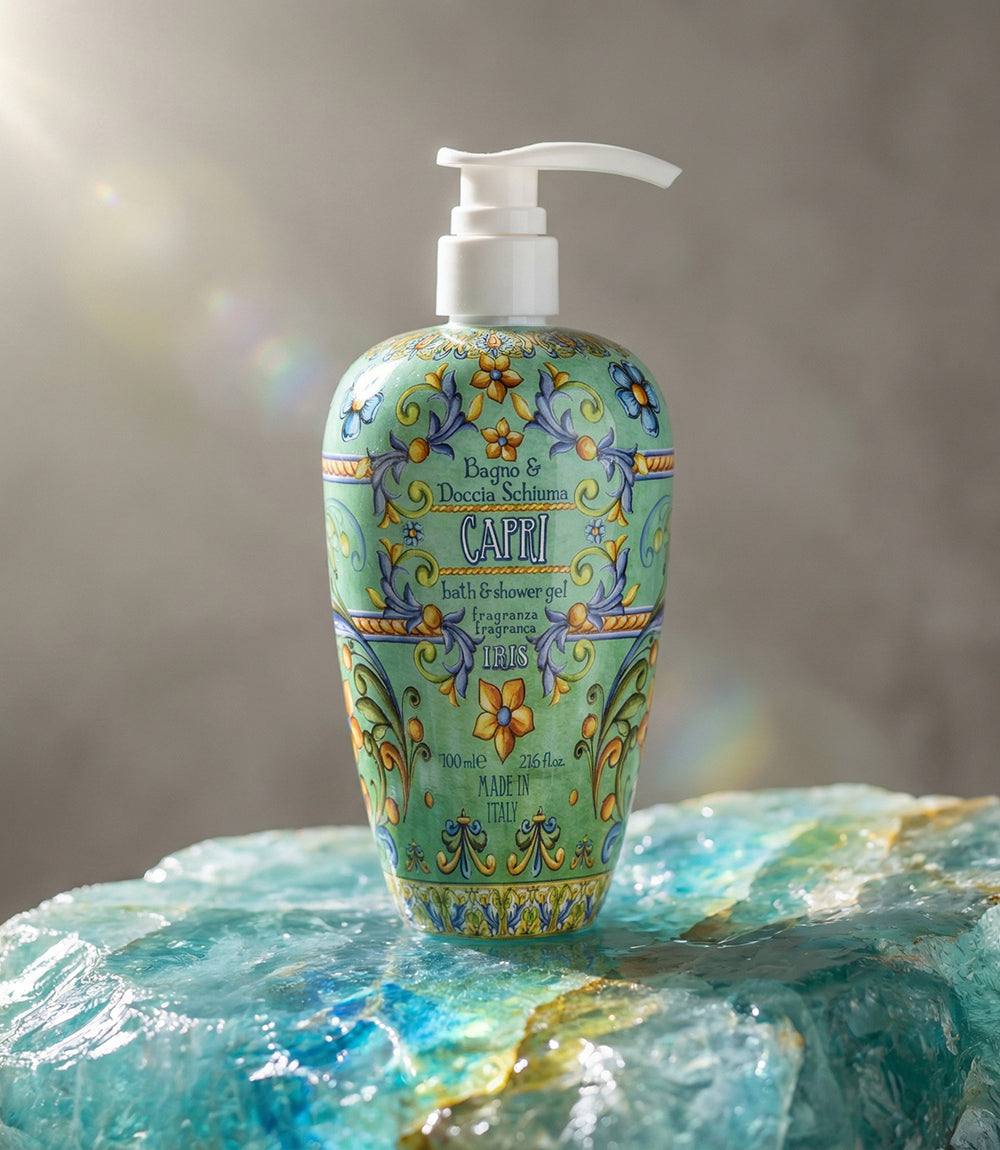 Capri Bath & Shower Gel bottle with floral iris and ylang ylang scent, featuring aloe vera and almond oil, Italian ceramic-inspired pump design