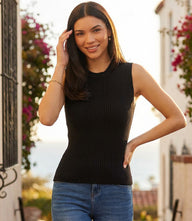 Sleeveless ribbed sweater tank with crew neck and body-hugging fit