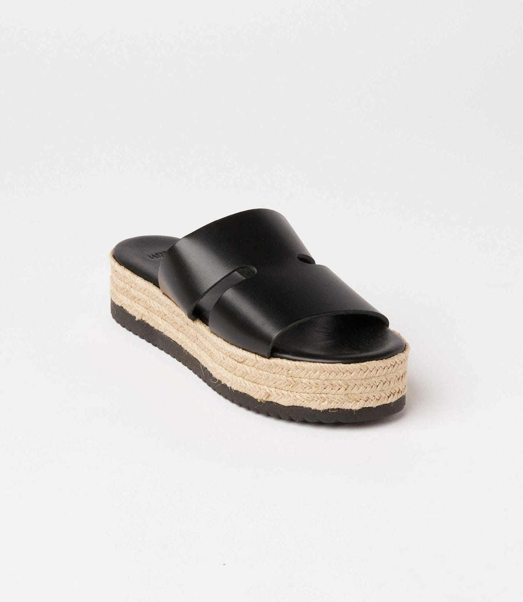 Black leather espadrille slide sandal with round toe and woven platform heel