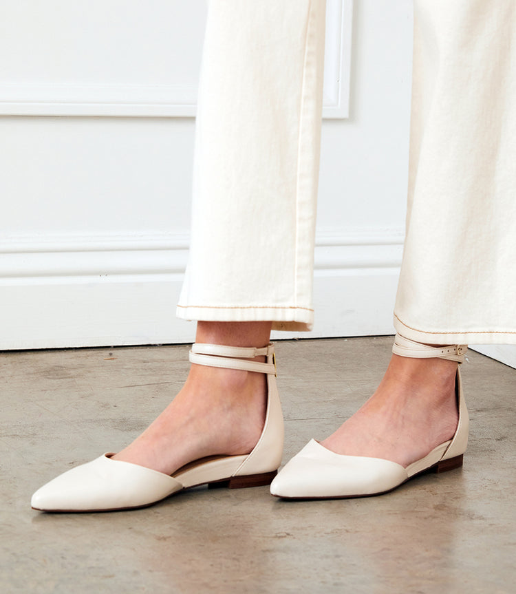 Off White Ankle Strap Pointed Toe Flats | Karen Kane
