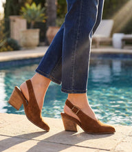 Seychelles Baby Faced Sling Back Heels in brown leather with pointed toe and block heel