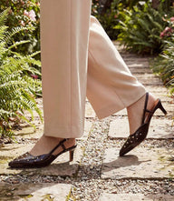 Seychelles Crawford Studded Slingback Heels in dark brown leather with pointed toe and low kitten heel