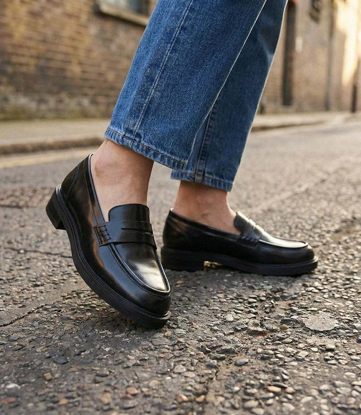 Seychelles Dover Penny Loafer black leather slip-on with round toe and low stacked heel