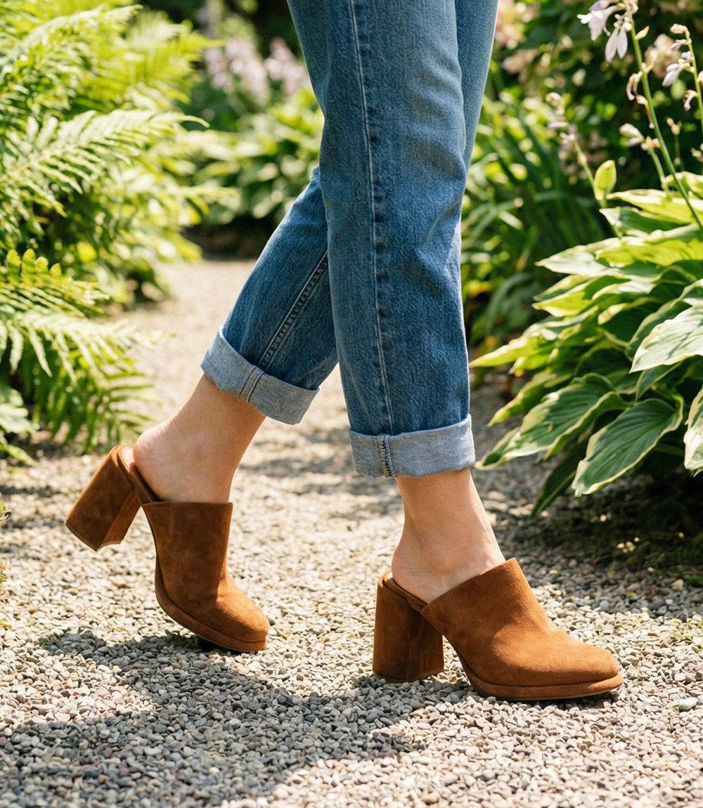Seychelles Honor Suede brown leather high heel clogs with slip-on design and block heel