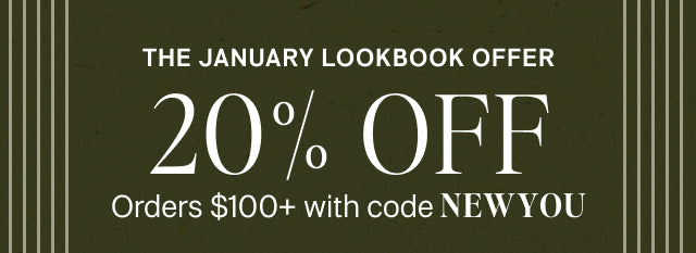 Promotional banner for January Lookbook Offer with 20% off text on a dark green background.