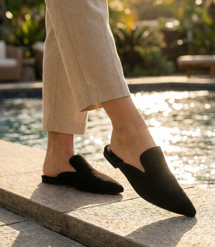 Suede leather mules with flat sole and luxurious handcrafted design for comfortable fit