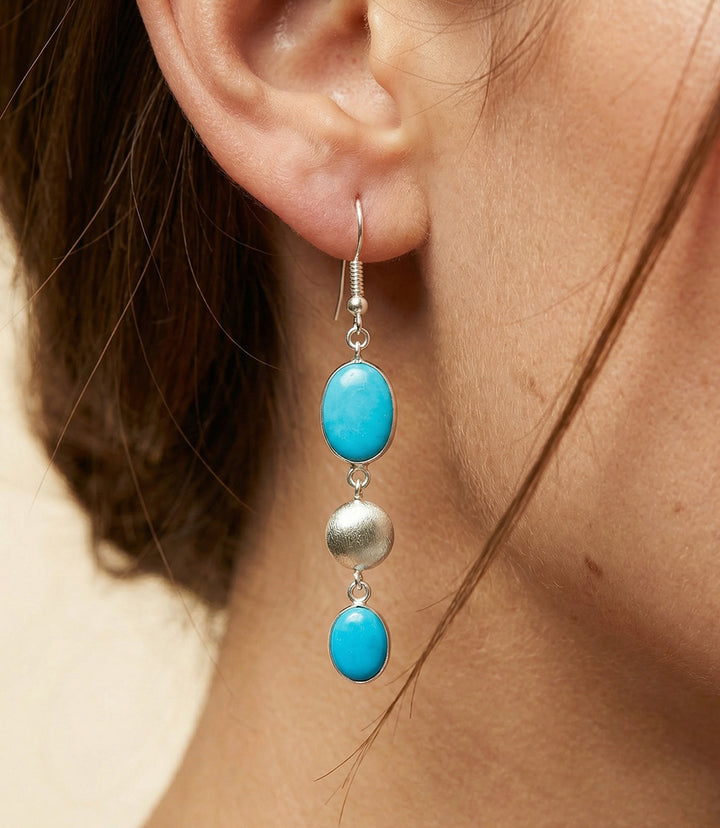 Triple Drop Turquoise And Silver Bead Earrings