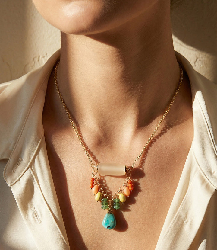Turquoise Charm Cluster Necklace with natural gemstones and matte gold plated brass accents