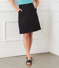 Black high-waist A-line cargo skirt with side and faux front cargo pockets in woven twill fabric