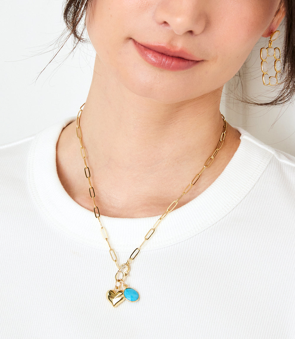 Turquoise Stone And Heart Charm Necklace