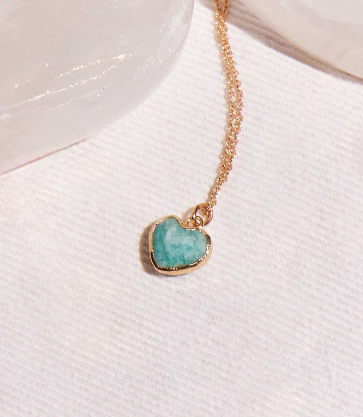 Amazonite heart pendant necklace with 14K gold-filled chain on white background