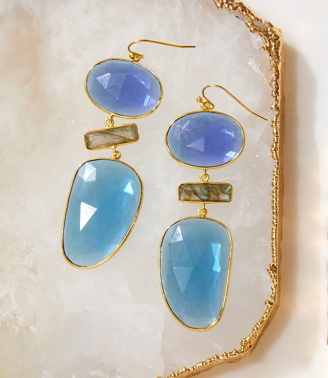 Organic gemstone statement earrings with blue iolite, labradorite, and 18k gold plated brass design