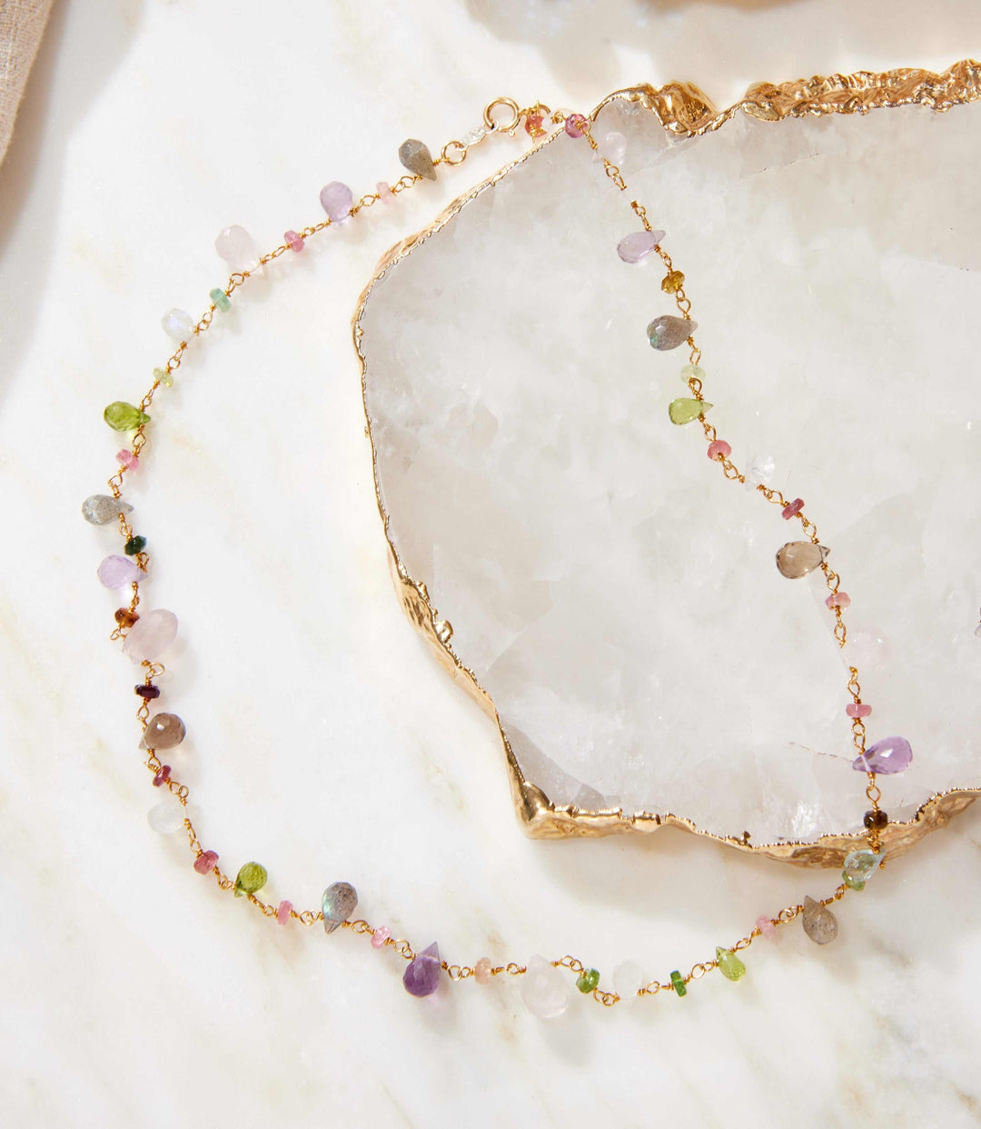 Multi gemstone short necklace with colorful amethyst, chalcedony, labradorite, tourmaline, rose quartz, and smoky quartz on 18k gold vermeil chain