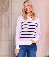 Pink stripe crewneck sweater with white and navy horizontal stripes and relaxed fit