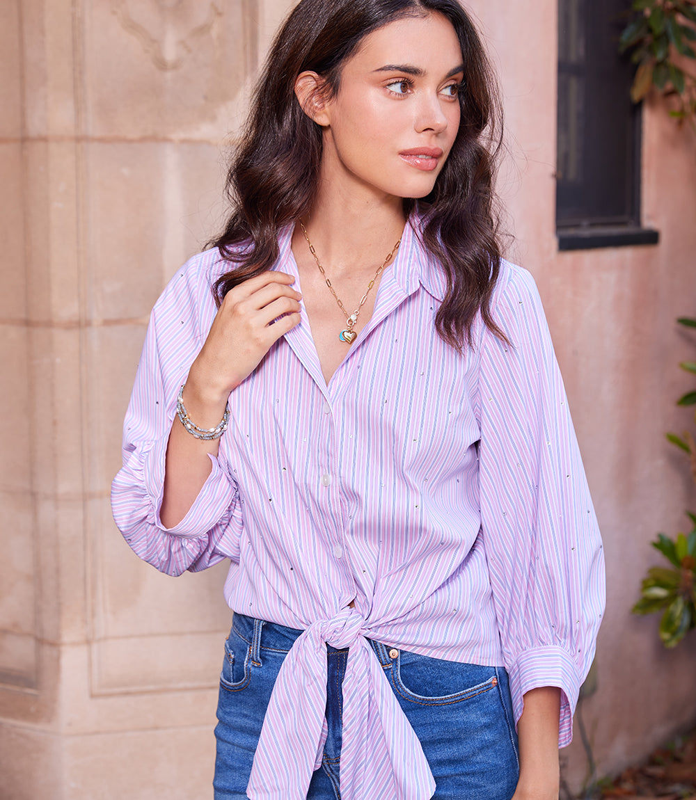 Stripe Blouson Sleeve Embellished Tie-Front Top