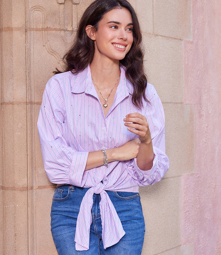 Stripe Blouson Sleeve Embellished Tie-Front Top