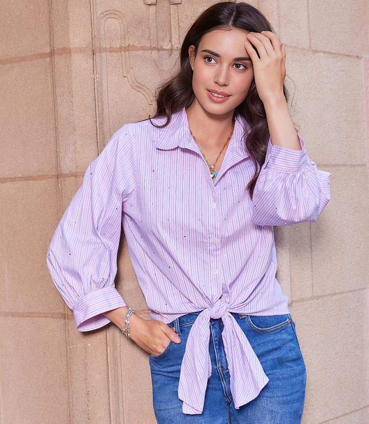 Stripe Blouson Sleeve Embellished Tie-Front Top