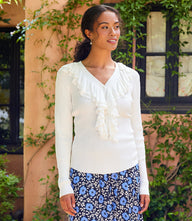 Ruffle V-Neck Sweater with slim fit and ruffled neckline in soft knit fabric