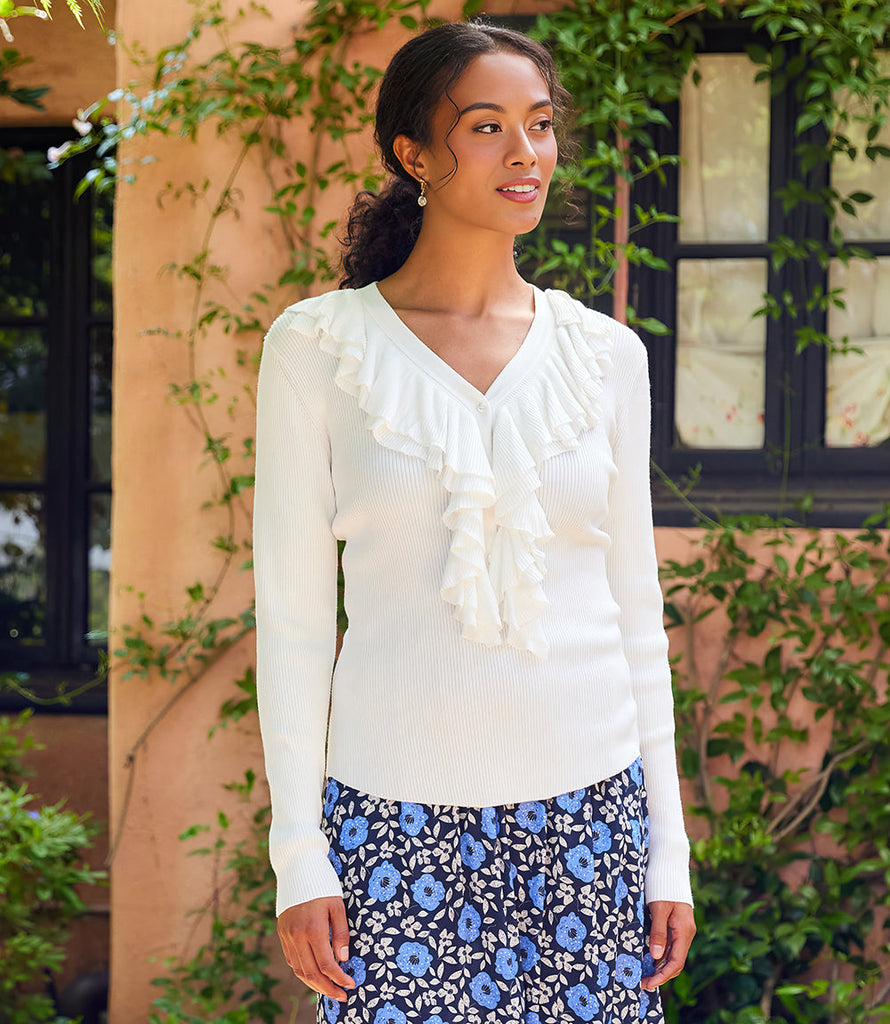 Ruffle V-Neck Sweater - Feminine Knit Top with Ruffle Detailing