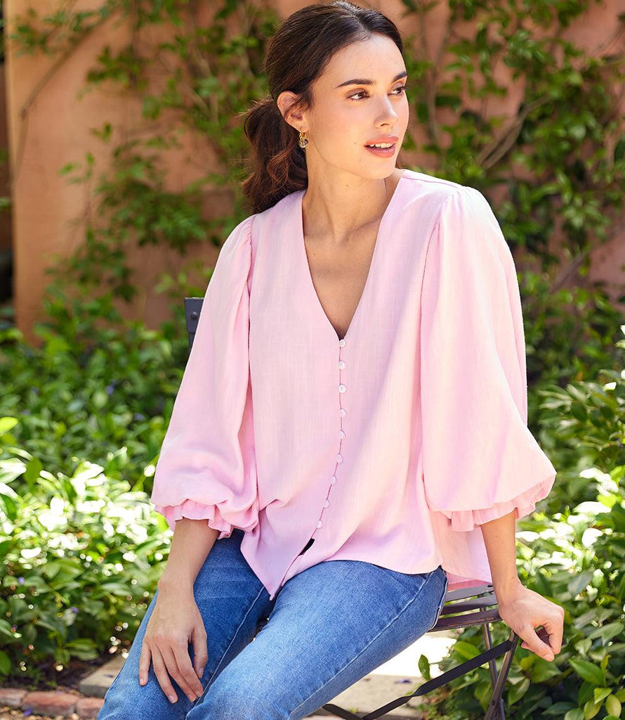 【Rose】HEVE SUZURAN SLEEVE BLOUSE Layered Sleeve Shirred Blouse - Elegant & Comfortable Women's Top