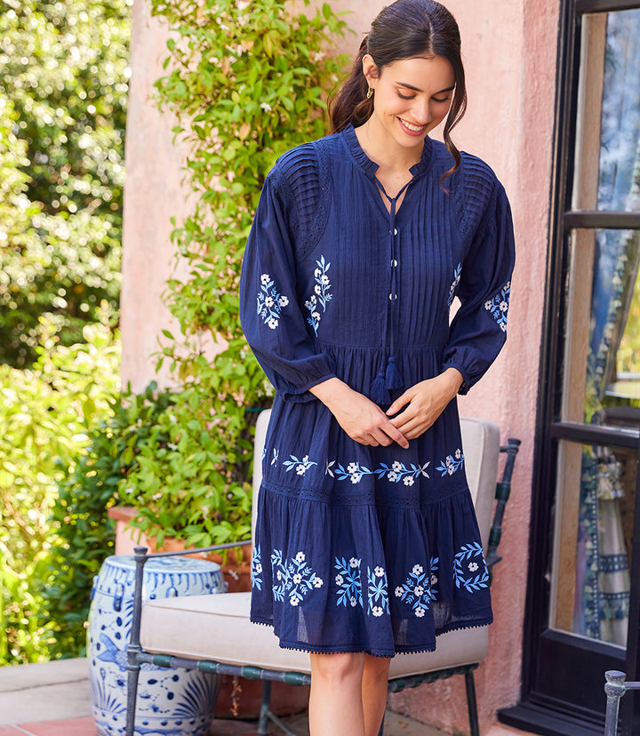 Blouson Sleeve Embroidered Lace Trim Tiered Dress