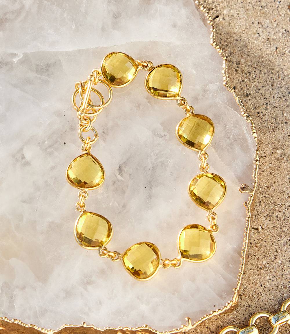 Citrine Quartz Bracelet with teardrop stones and gold chainlink on white geode background