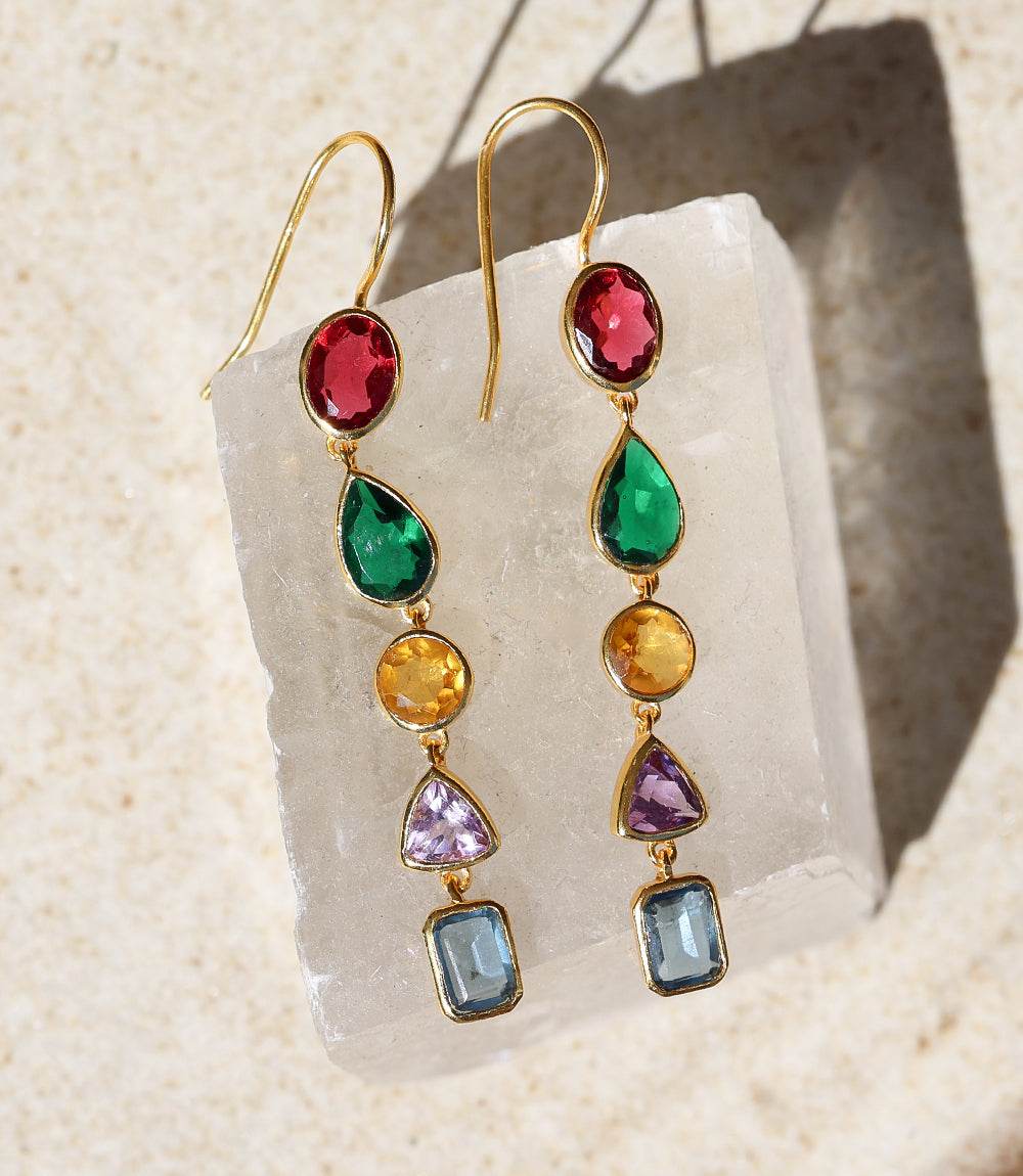 Mixed gemstone dangle earrings with pink tourmaline, green tourmaline, blue iolite, citrine, and purple amethyst in 18 ct gold plated silver setting