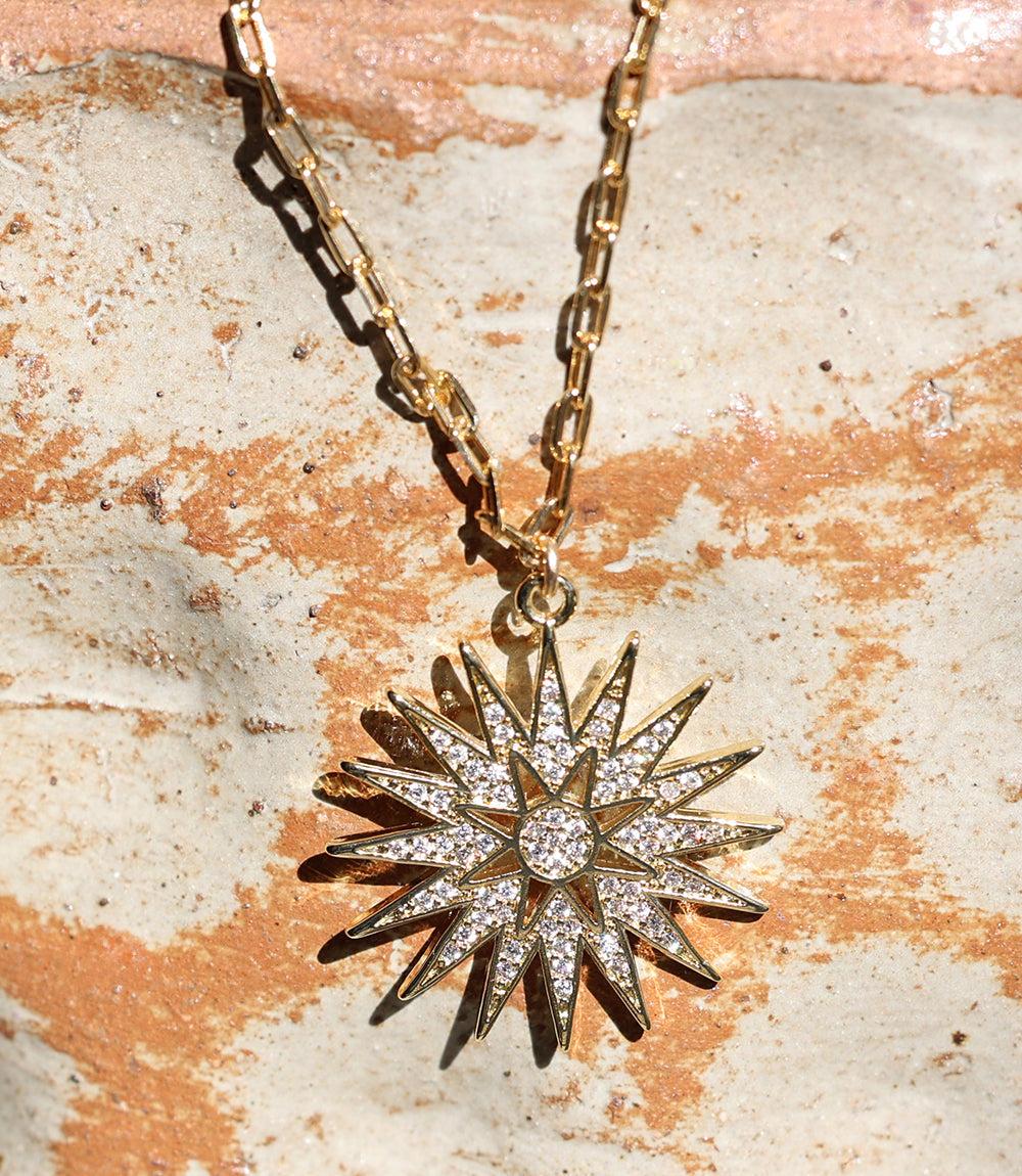 18k gold pavé crystal sunburst necklace with micro pave cubic zirconia pendant on a gold fill chain