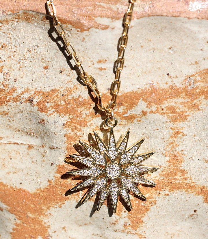 18k gold pavé crystal sunburst necklace with micro pave cubic zirconia pendant on a gold fill chain