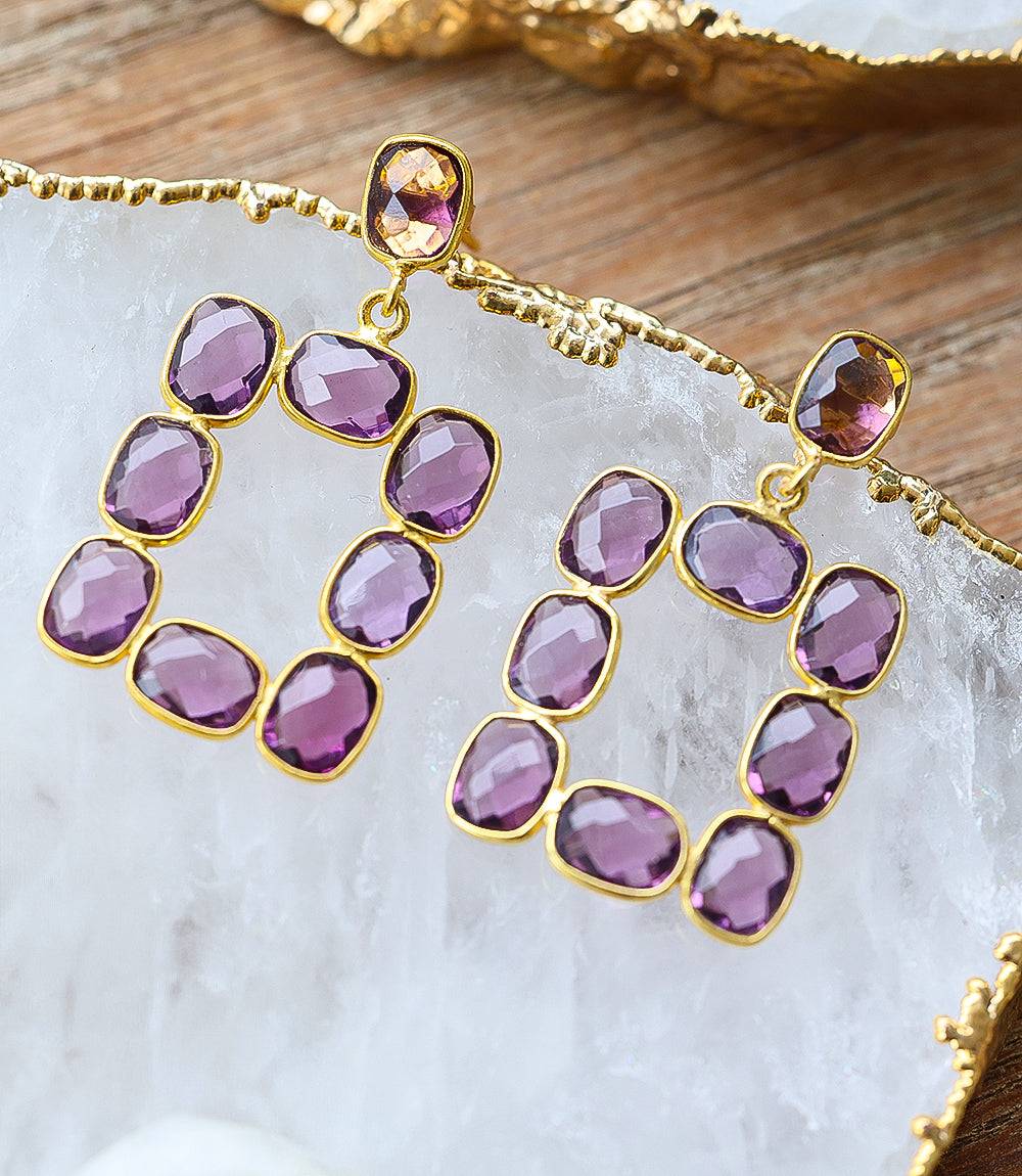Rectangular Amethyst gemstone bezel earrings in 18K gold plated sterling silver with iridescent purple stones