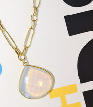Moonstone pendant necklace with faceted quartz and gold-plated paperclip chain