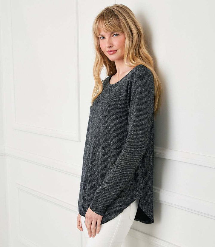 Long Sleeve Metallic Stripe Shirttail Top