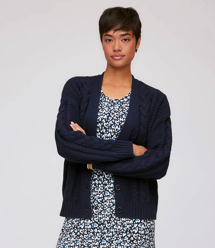 Chunky cable knit cardigan sweater with V-neck and front buttons, featuring a relaxed fit and ribbed cuffs.